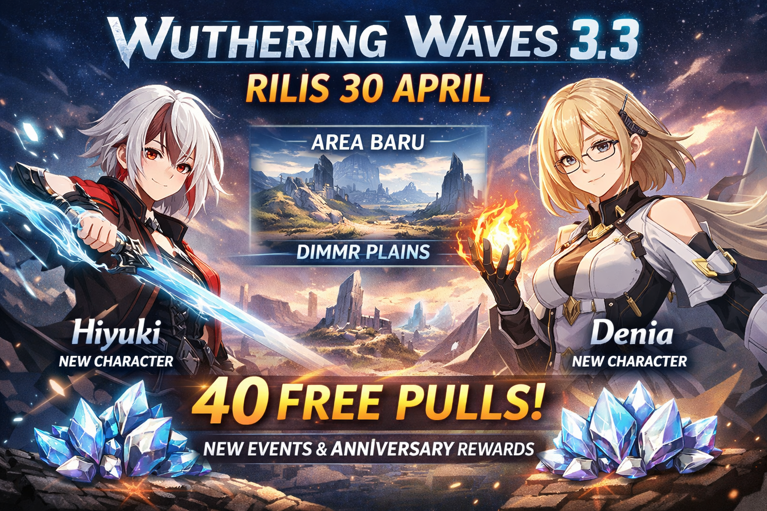 Wuthering Waves bersiap menghadirkan update besar versi 3.3 bertajuk “Reverbs From the End of Galaxies” pada 30 April 2026. Update ini sekaligus merayakan ulang tahun ke-2 game, dengan berbagai konten baru, karakter, dan hadiah gratis untuk pemain.