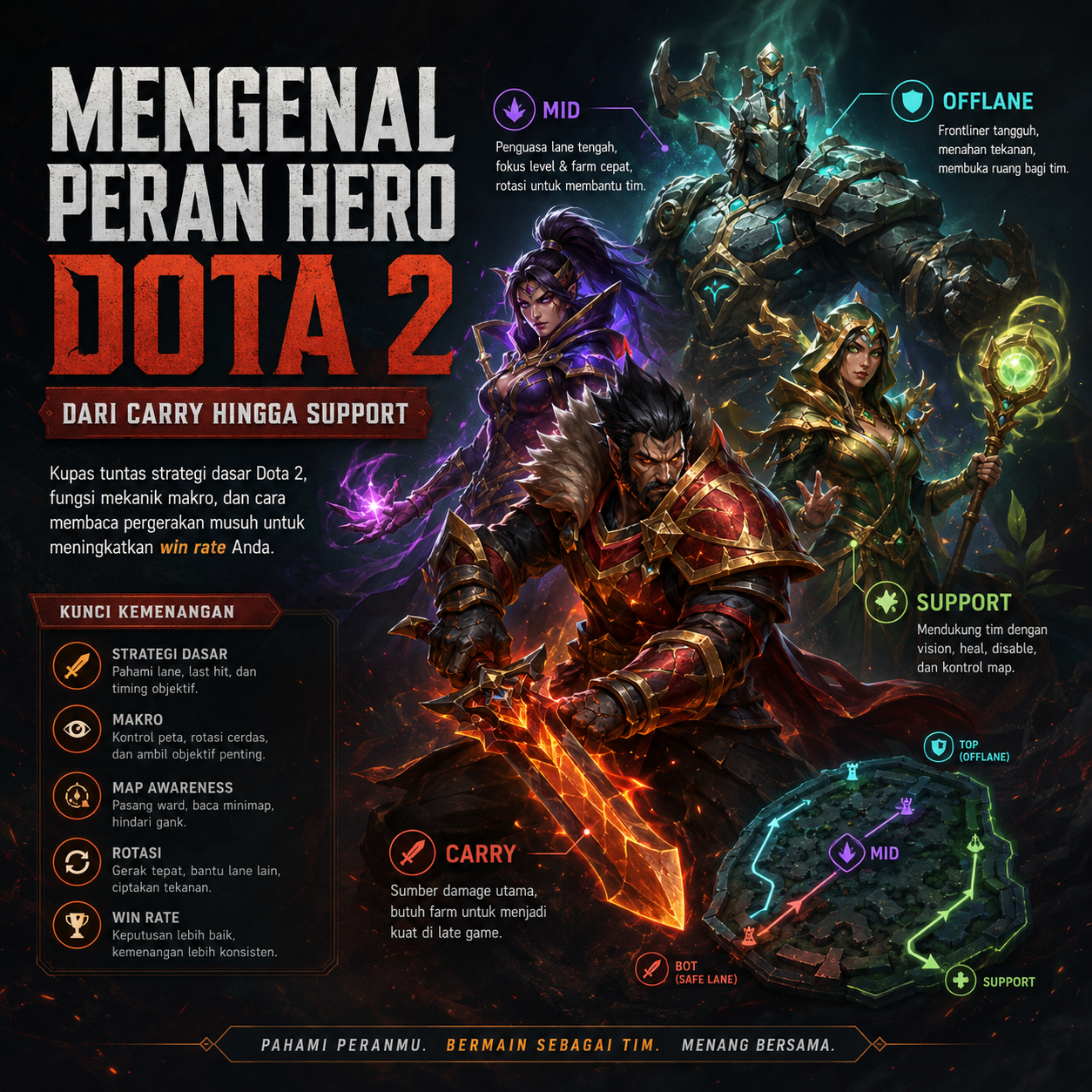 Panduan peran hero Dota 2 dari carry hingga support untuk strategi menang di website casino online tepercaya.