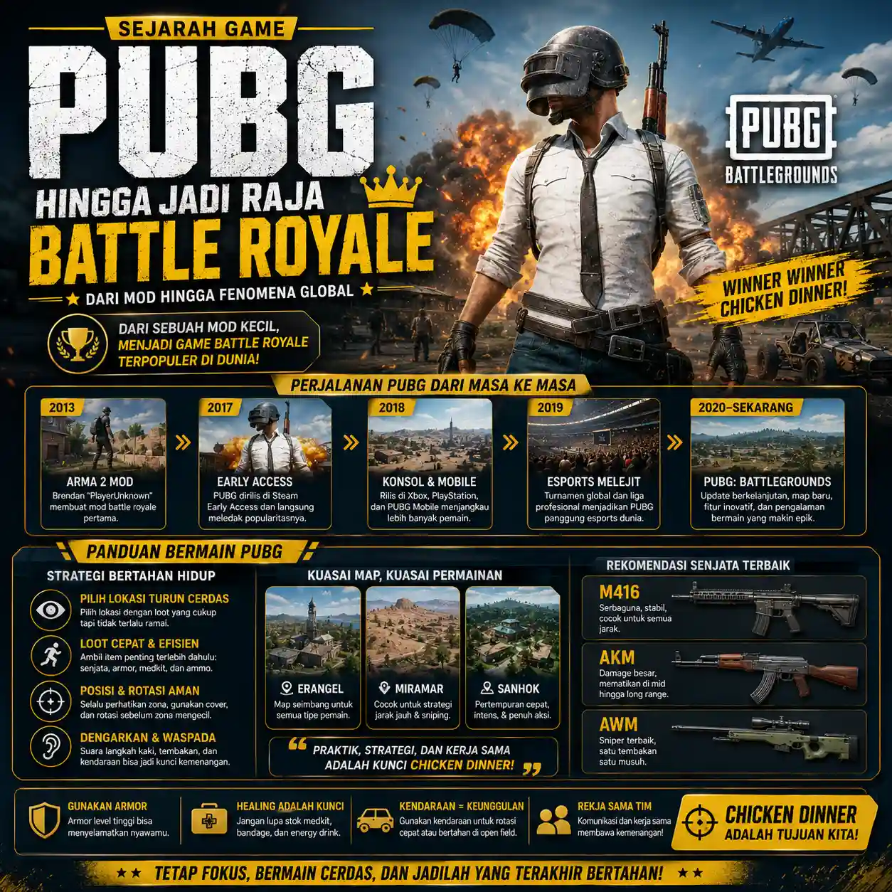 Karakter pemain game PUBG sedang memegang senjata di depan latar belakang gedung kasino mewah.