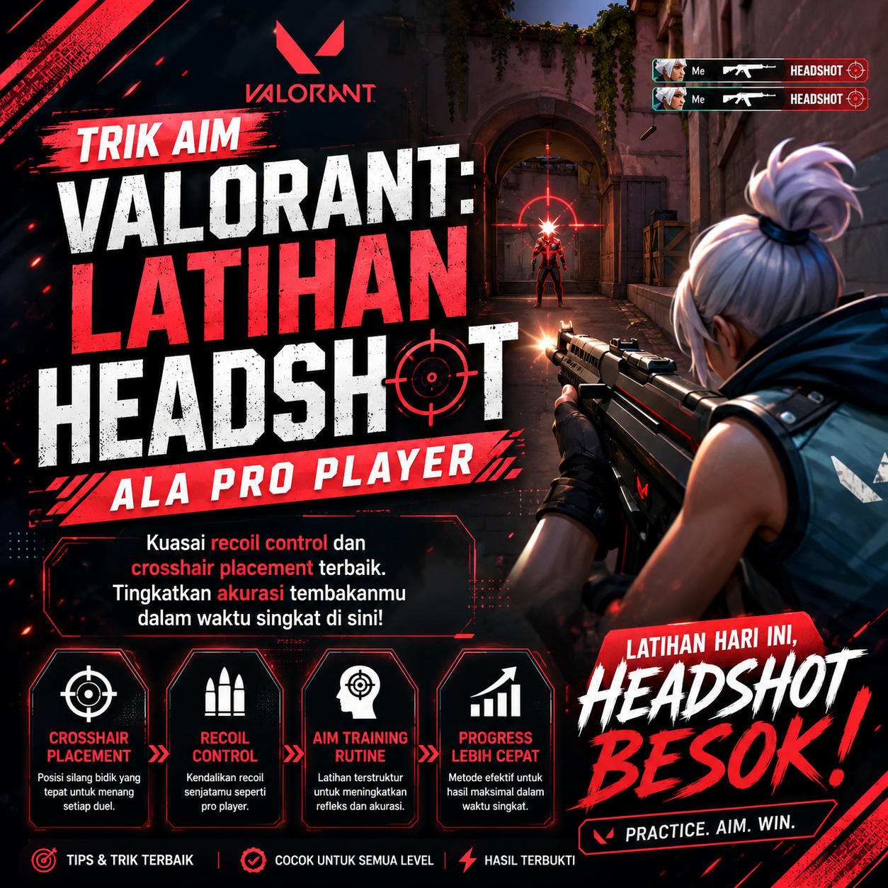 Panduan latihan akurasi menembak dan trik aim Valorant untuk mendapatkan headshot dengan mudah seperti pemain profesional di depan komputer.