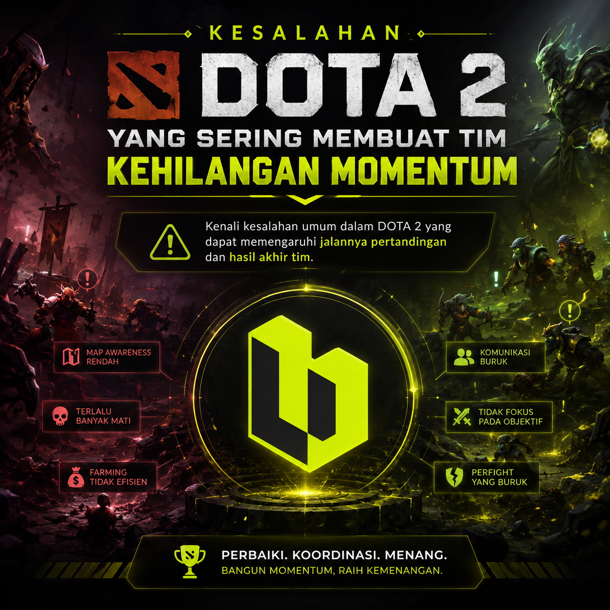 Pemain pro sedang melakukan koordinasi tim dalam pertandingan DOTA 2 untuk menghindari kesalahan fatal.