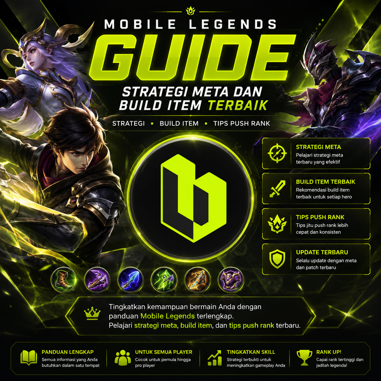 Ilustrasi layar smartphone yang menampilkan strategi dan build item terbaik dalam game Mobile Legends.