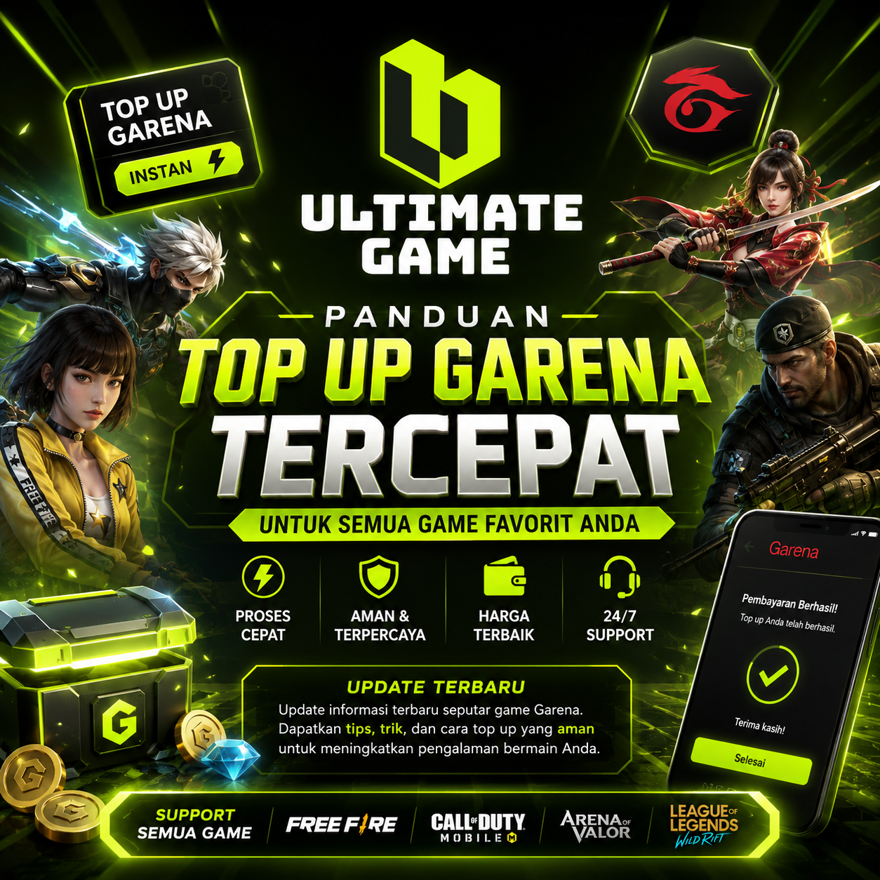 Seseorang melakukan transaksi top up game online di smartphone dengan aman dan cepat.