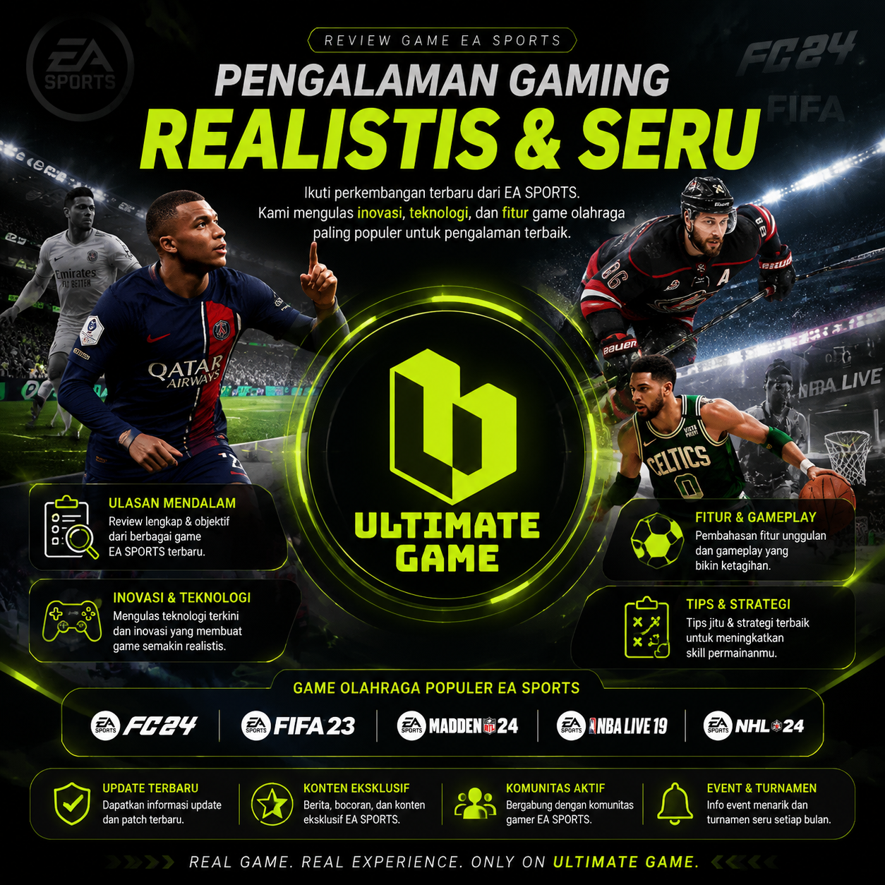 Seorang gamer sedang menikmati pengalaman bermain gim olahraga EA SPORTS yang sangat realistis di depan layar.